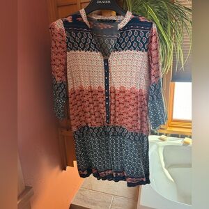 Zara Navy and Coral Patterned Long Sleeve Dress